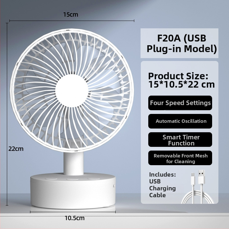 USB stolný ventilátor s 4 rýchlosťami, bezkartáčový motor, vstavaná batéria 1200–2000 mAh, nízka hlučnosť pod 36 dB, vhodný pre 5–30 m²