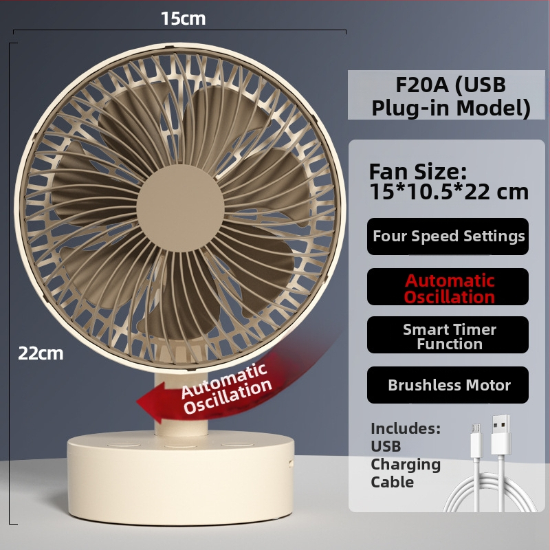 USB stolný ventilátor s 4 rýchlosťami, bezkartáčový motor, vstavaná batéria 1200–2000 mAh, nízka hlučnosť pod 36 dB, vhodný pre 5–30 m²