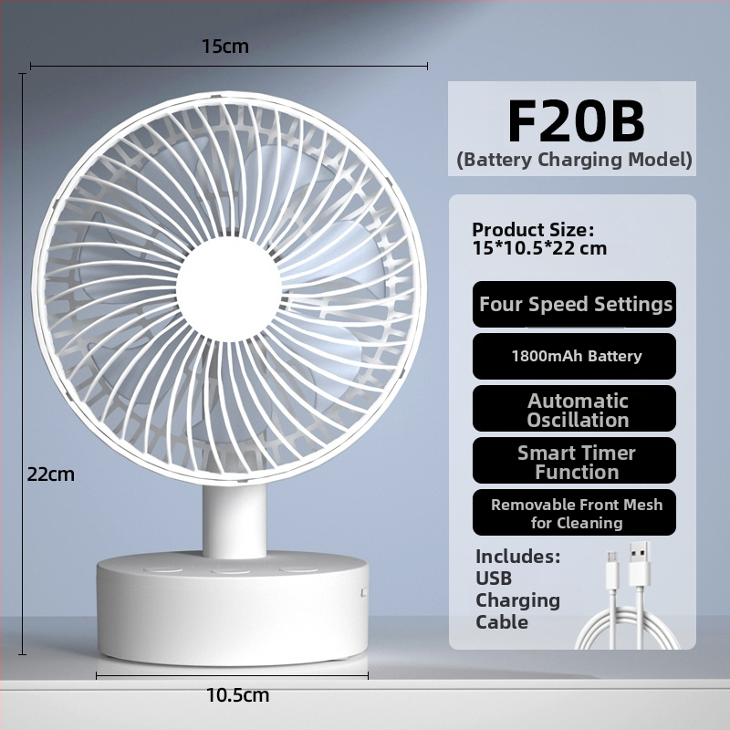 USB stolný ventilátor s 4 rýchlosťami, bezkartáčový motor, vstavaná batéria 1200–2000 mAh, nízka hlučnosť pod 36 dB, vhodný pre 5–30 m²