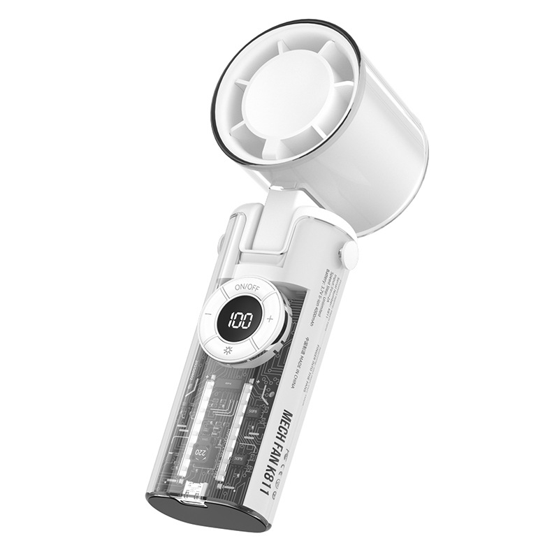 Kézi ventilátor brushless motorral, műanyag lapátokkal, beépített 2000–4000 mAh akkumulátor, jég hűtés, 100 sebességfokozat