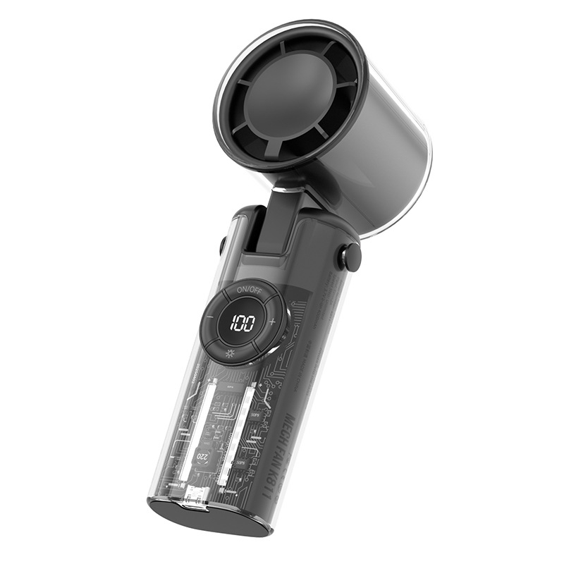 Kézi ventilátor brushless motorral, műanyag lapátokkal, beépített 2000–4000 mAh akkumulátor, jég hűtés, 100 sebességfokozat