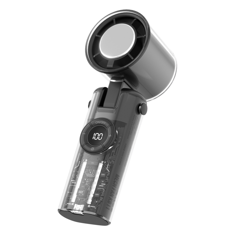 Kézi ventilátor brushless motorral, műanyag lapátokkal, beépített 2000–4000 mAh akkumulátor, jég hűtés, 100 sebességfokozat