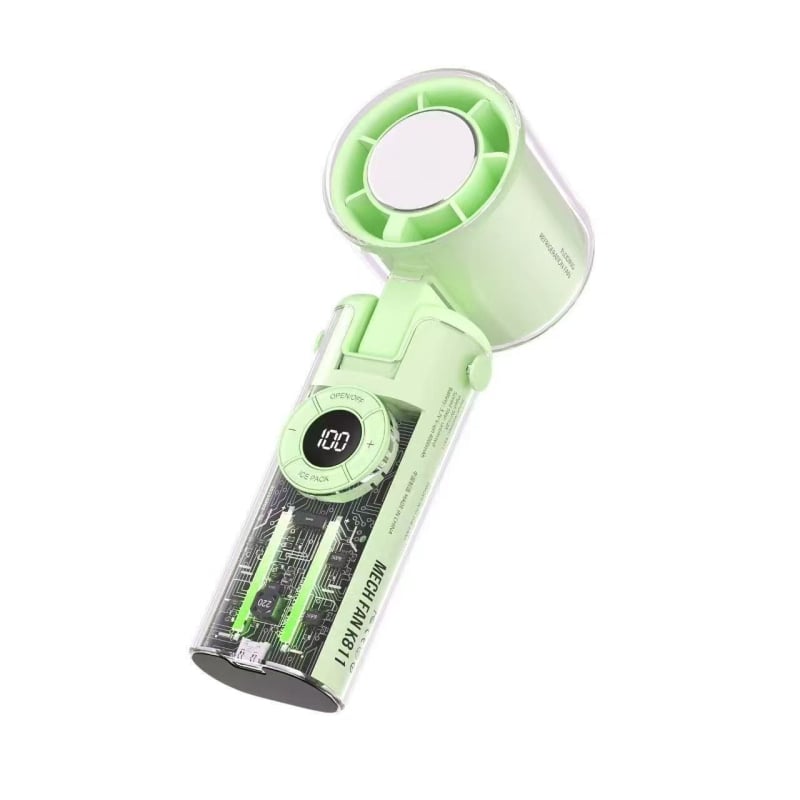 Kézi ventilátor brushless motorral, műanyag lapátokkal, beépített 2000–4000 mAh akkumulátor, jég hűtés, 100 sebességfokozat