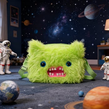 Geantă crossbody din pluș Fuggler — Monstru drăguț cu dinți, Design desen animat, pluș scurt, Material: poliester, Umplutură: PP bumbac, 14+