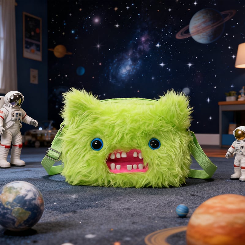 Geantă crossbody din pluș Fuggler — Monstru drăguț cu dinți, Design desen animat, pluș scurt, Material: poliester, Umplutură: PP bumbac, 14+