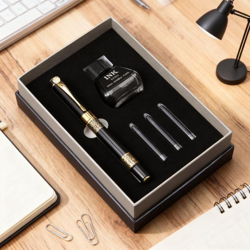 Stilou Peso 988 – corp metalic, vârf auriu, sistem de absorbție a cernelei, gravură laser, cutie cadou