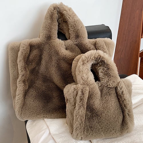 Geantă Tote din pluș, stil stradal, închidere magnetică, formă orizontală pătrată