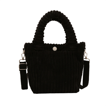 Geantă bucket din corduroy, formă ortizontală pătrată, închidere cu snap, buzunar intern pentru telefon, căptușeală poliester-pânză, bretele duble