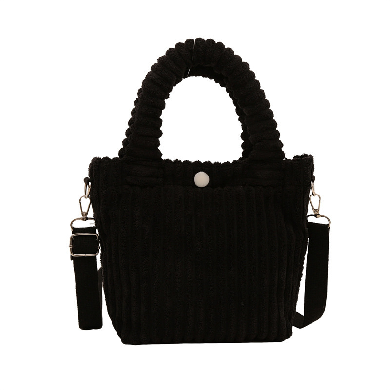 Geantă bucket din corduroy, formă ortizontală pătrată, închidere cu snap, buzunar intern pentru telefon, căptușeală poliester-pânză, bretele duble