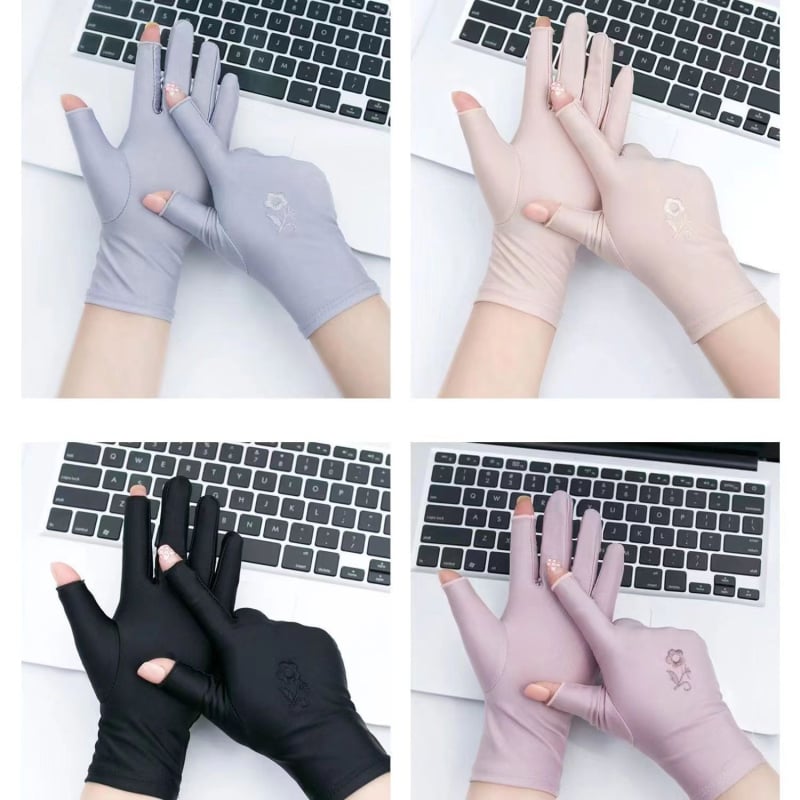 Nyári női napsugárzás elleni kesztyűk, ujjak nélkül, vékony, kerékpározáshoz és vezetéshez, ice silk hímzéssel, elasztikus, érintőképernyő-kompatibilis, teakezelésre (Kopásálló; Magas hőállóság; Vágásálló; Csúszásmentes)