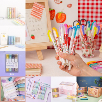 Set marker za označavanje s karikaturnim dizajnom, plastično kućište, jednosmjerni vrh, neizbrisivo, višebojni za planer