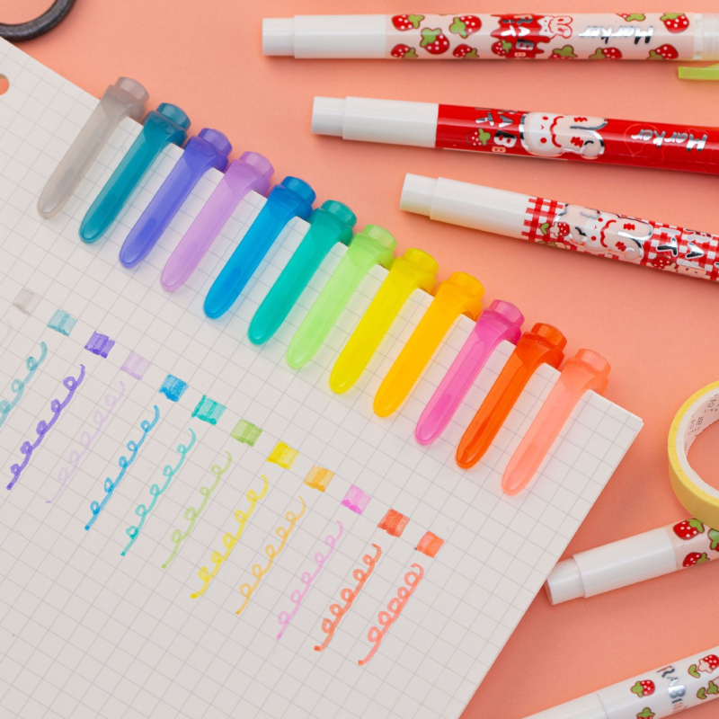 Set marker za označavanje s karikaturnim dizajnom, plastično kućište, jednosmjerni vrh, neizbrisivo, višebojni za planer