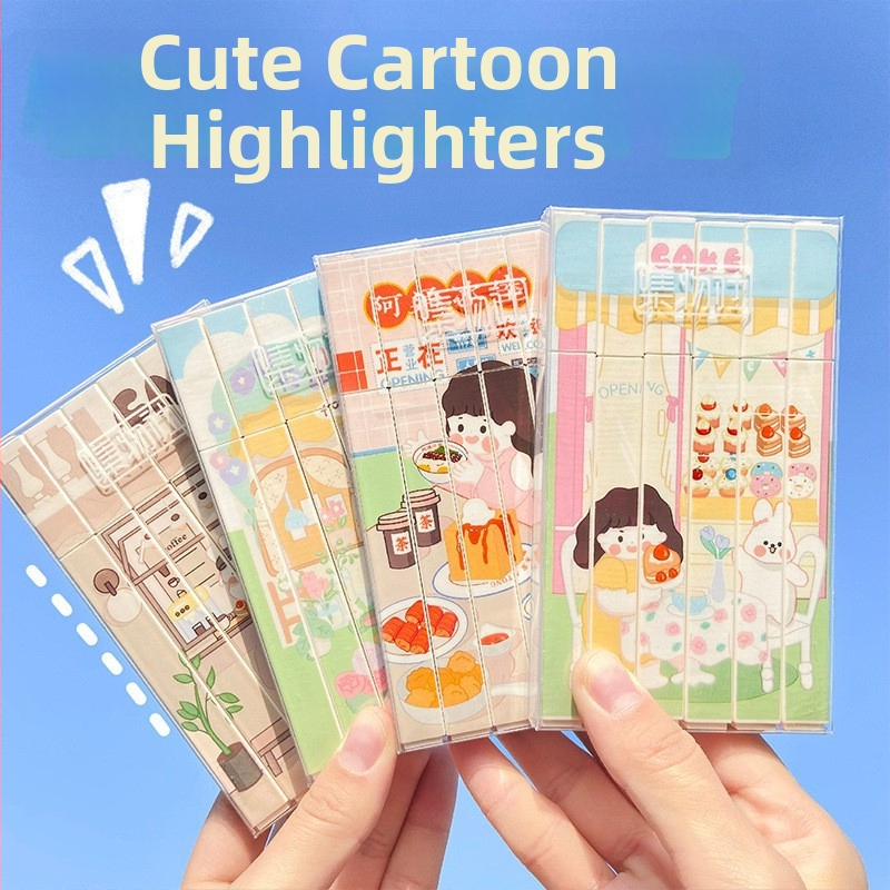 Sada roztomilých fluorescenčných zvýrazňovačov s kresleným dizajnom, plastové puzdro, jednosmerná špička, nezmazateľné, viacfarebné pre denník