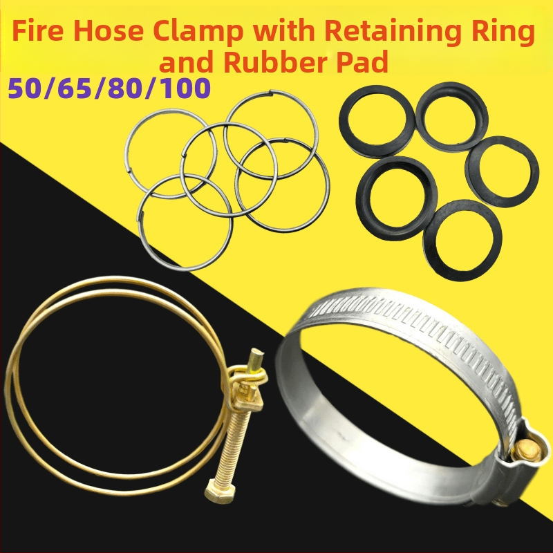 Sada spojov pre hasičský hadicový bubon — kruhové klipy, spona na hrdlo, držiak hadice, pružina, gumová podložka