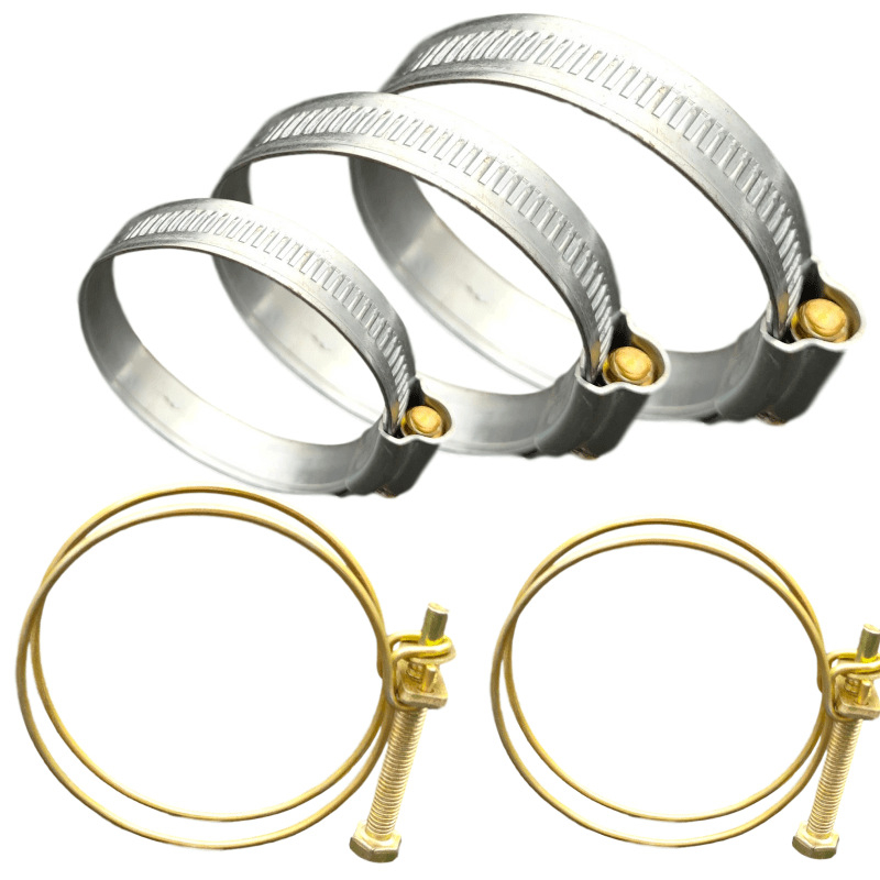 Sada spojov pre hasičský hadicový bubon — kruhové klipy, spona na hrdlo, držiak hadice, pružina, gumová podložka