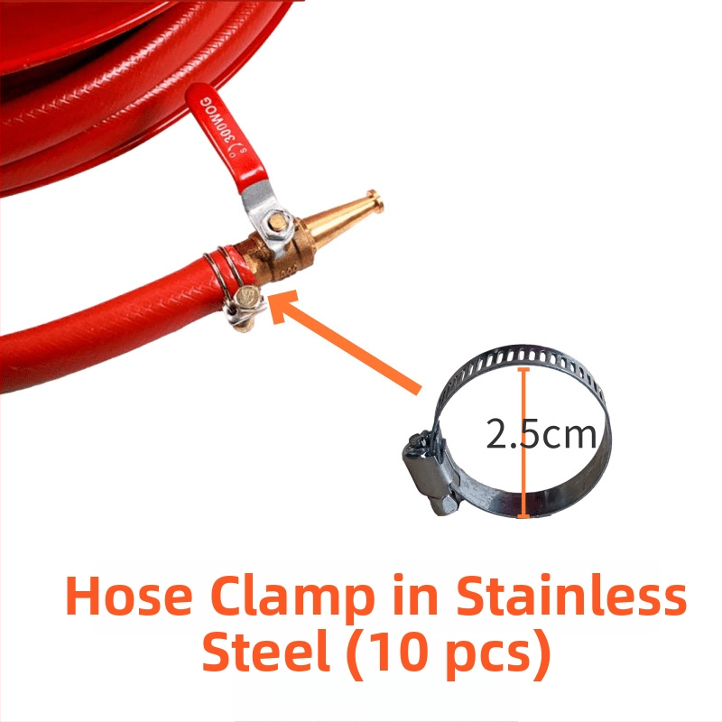 Sada spojov pre hasičský hadicový bubon — kruhové klipy, spona na hrdlo, držiak hadice, pružina, gumová podložka