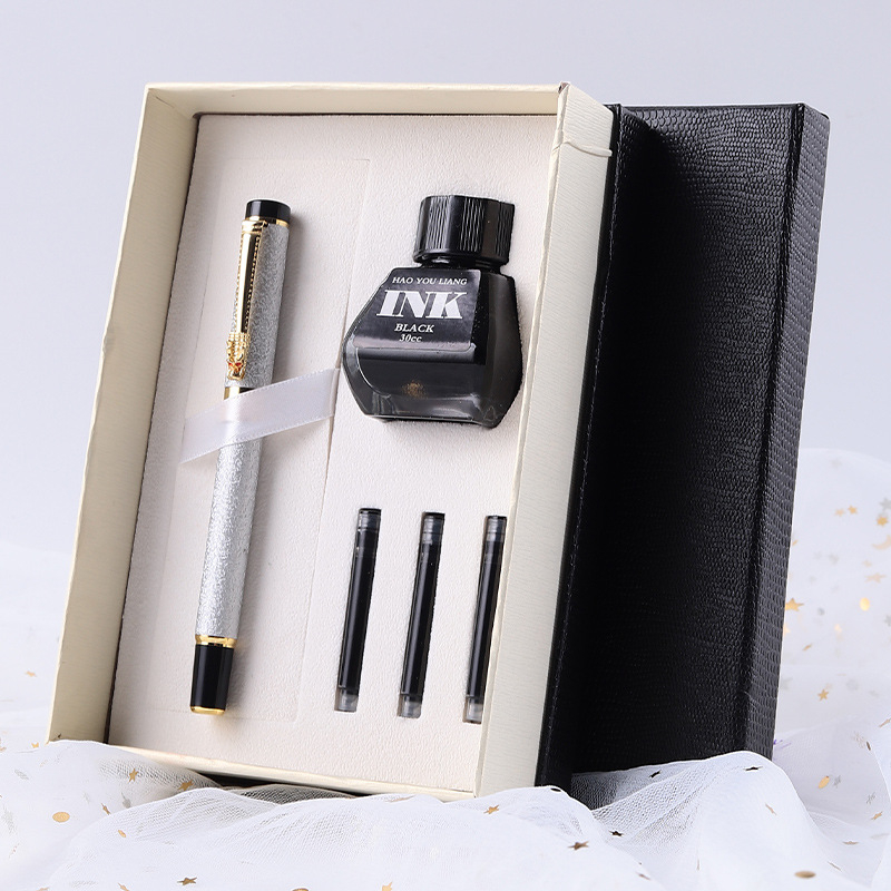 Metalna olovka s glavom zmaja — set za ured, s zamjenjivim kartridžom za mastilo i iridijevim vrhom, u kutiji za poklon