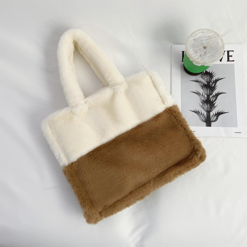 Geantă de umăr din pluș, cu buzunar pe fermoar, căptușeală din poliester și strat interior