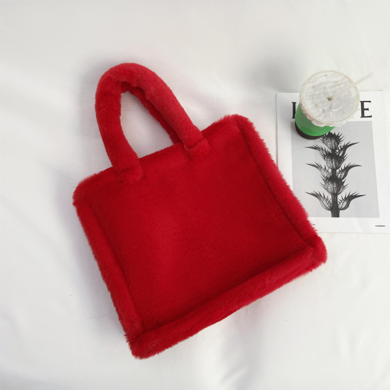 Geantă de umăr din pluș, cu buzunar pe fermoar, căptușeală din poliester și strat interior