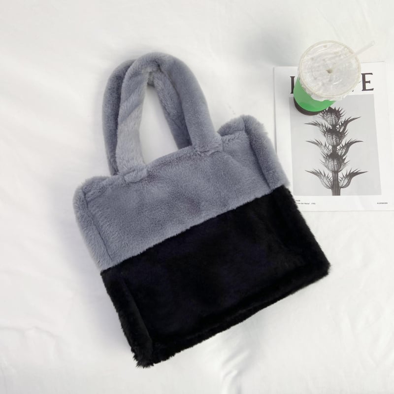 Geantă de umăr din pluș, cu buzunar pe fermoar, căptușeală din poliester și strat interior