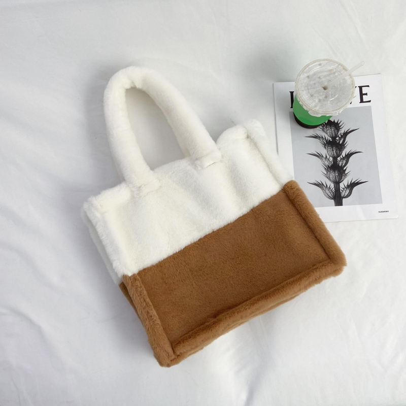 Geantă de umăr din pluș, cu buzunar pe fermoar, căptușeală din poliester și strat interior