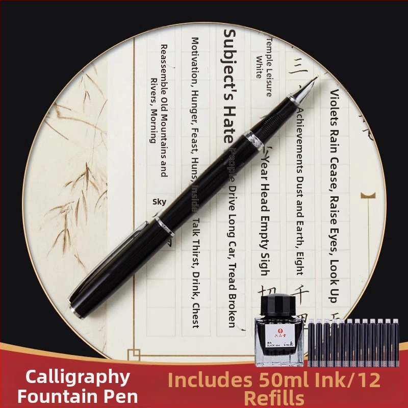 Set de caligrafie cu penă hard și caiet de exerciții — vârf din oțel, sistem de alimentare cu cerneală prin pungă, carcasă metalică, mai multe modele