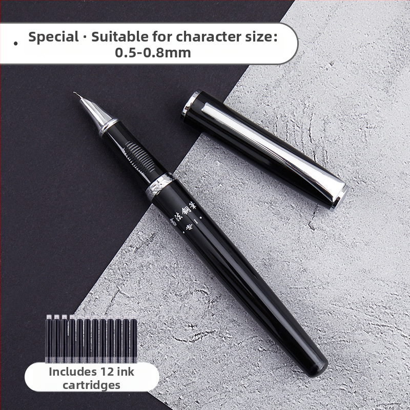 Set de caligrafie cu penă hard și caiet de exerciții — vârf din oțel, sistem de alimentare cu cerneală prin pungă, carcasă metalică, mai multe modele