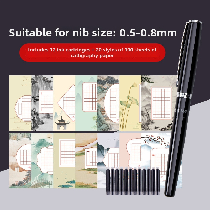 Set de caligrafie cu penă hard și caiet de exerciții — vârf din oțel, sistem de alimentare cu cerneală prin pungă, carcasă metalică, mai multe modele