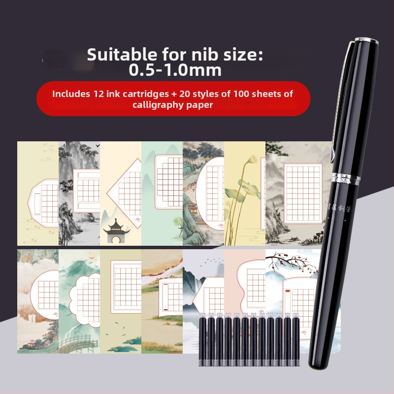 Set de caligrafie cu penă hard și caiet de exerciții — vârf din oțel, sistem de alimentare cu cerneală prin pungă, carcasă metalică, mai multe modele