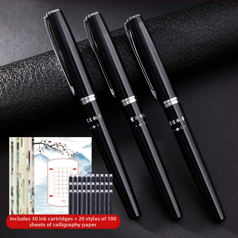 Set de caligrafie cu penă hard și caiet de exerciții — vârf din oțel, sistem de alimentare cu cerneală prin pungă, carcasă metalică, mai multe modele