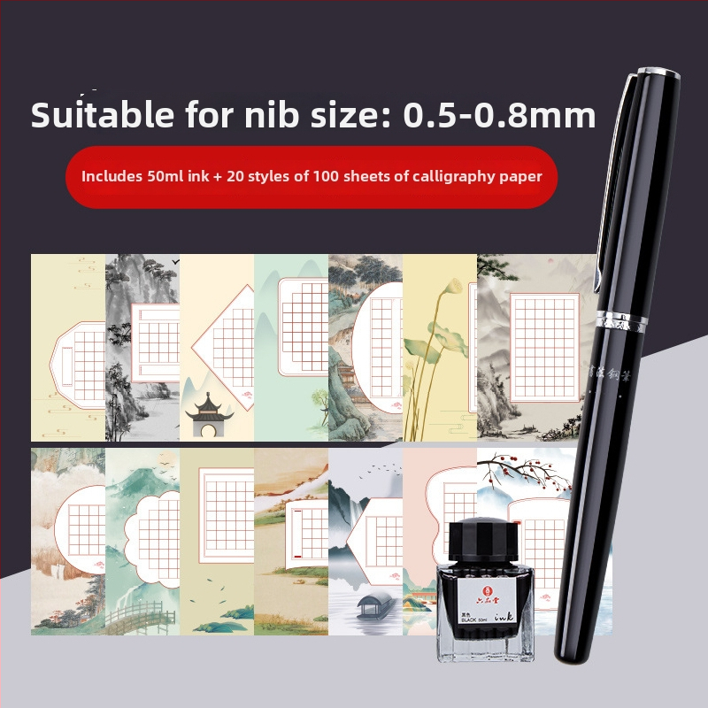 Set de caligrafie cu penă hard și caiet de exerciții — vârf din oțel, sistem de alimentare cu cerneală prin pungă, carcasă metalică, mai multe modele