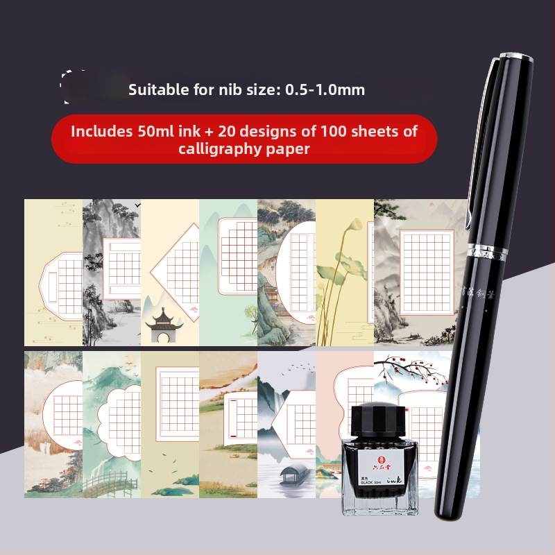 Set de caligrafie cu penă hard și caiet de exerciții — vârf din oțel, sistem de alimentare cu cerneală prin pungă, carcasă metalică, mai multe modele