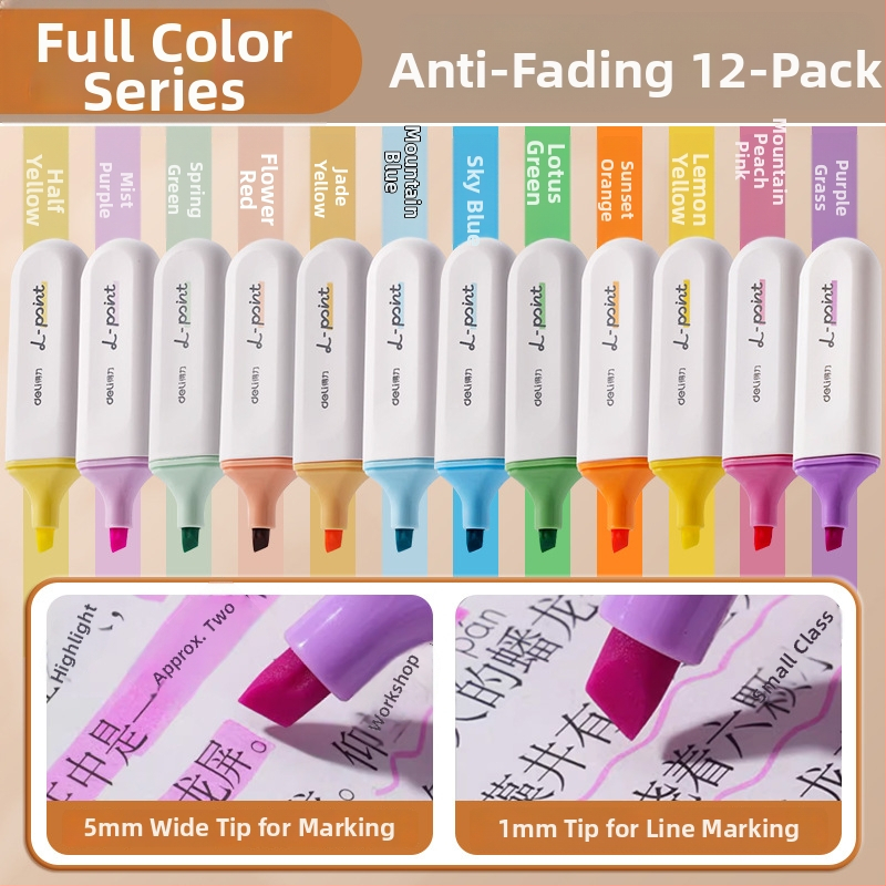 Deli zvýrazňovač pre študentov – sada 12 kusov, šikmý hrot, plastové puzdro, model Dl-ygb-04620, nevymazateľný