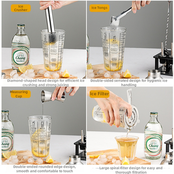 Sklenený set šejkrov s meradlom a receptom, trojstupňový koktejlový šejker, sklo a nehrdzavejúca oceľ