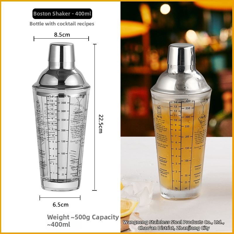 Sklenený set šejkrov s meradlom a receptom, trojstupňový koktejlový šejker, sklo a nehrdzavejúca oceľ