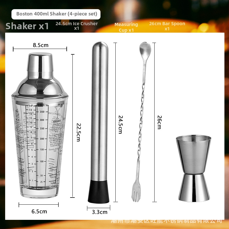 Sklenený set šejkrov s meradlom a receptom, trojstupňový koktejlový šejker, sklo a nehrdzavejúca oceľ