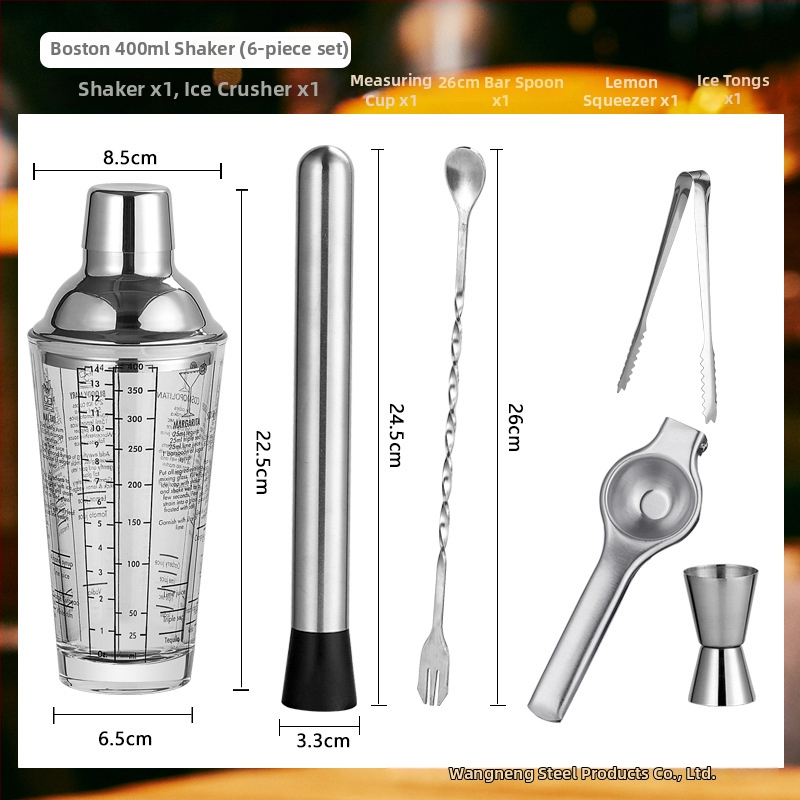 Sklenený set šejkrov s meradlom a receptom, trojstupňový koktejlový šejker, sklo a nehrdzavejúca oceľ