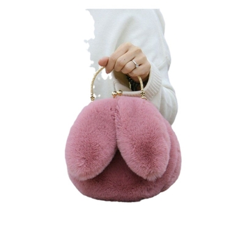 Geantă din blană de iepure artificială, cu urechi de iepure, formă ovală, închidere cu clips, căptușeală din piele sintetică, buzunar pentru telefon