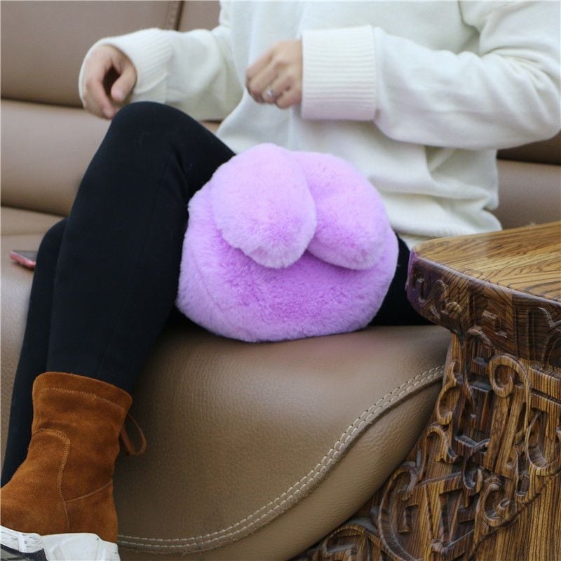 Geantă din blană de iepure artificială, cu urechi de iepure, formă ovală, închidere cu clips, căptușeală din piele sintetică, buzunar pentru telefon