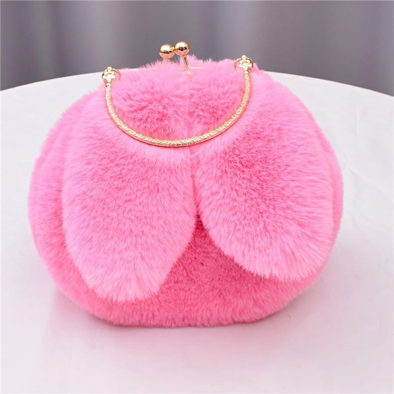 Geantă din blană de iepure artificială, cu urechi de iepure, formă ovală, închidere cu clips, căptușeală din piele sintetică, buzunar pentru telefon