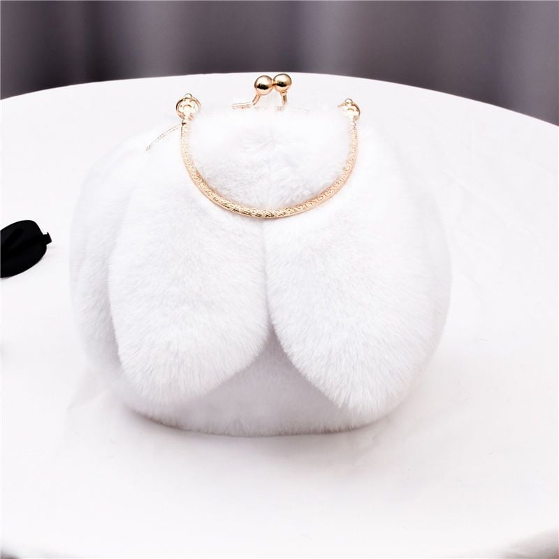 Geantă din blană de iepure artificială, cu urechi de iepure, formă ovală, închidere cu clips, căptușeală din piele sintetică, buzunar pentru telefon