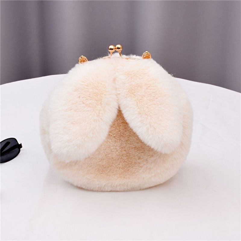 Geantă din blană de iepure artificială, cu urechi de iepure, formă ovală, închidere cu clips, căptușeală din piele sintetică, buzunar pentru telefon