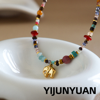 Colier cu pandantiv elefant din alamă, lucrat manual, materiale mixte, lanț clavicle, lansare vară 2025