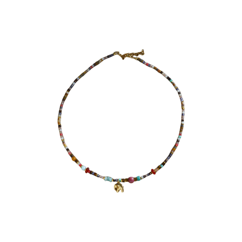 Colier cu pandantiv elefant din alamă, lucrat manual, materiale mixte, lanț clavicle, lansare vară 2025