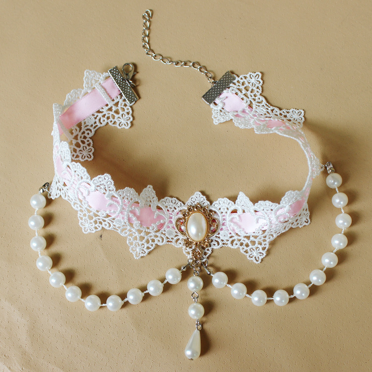 Colier din dantelă cu lanț box, formă picătură, design multistrat, greutate 35 g