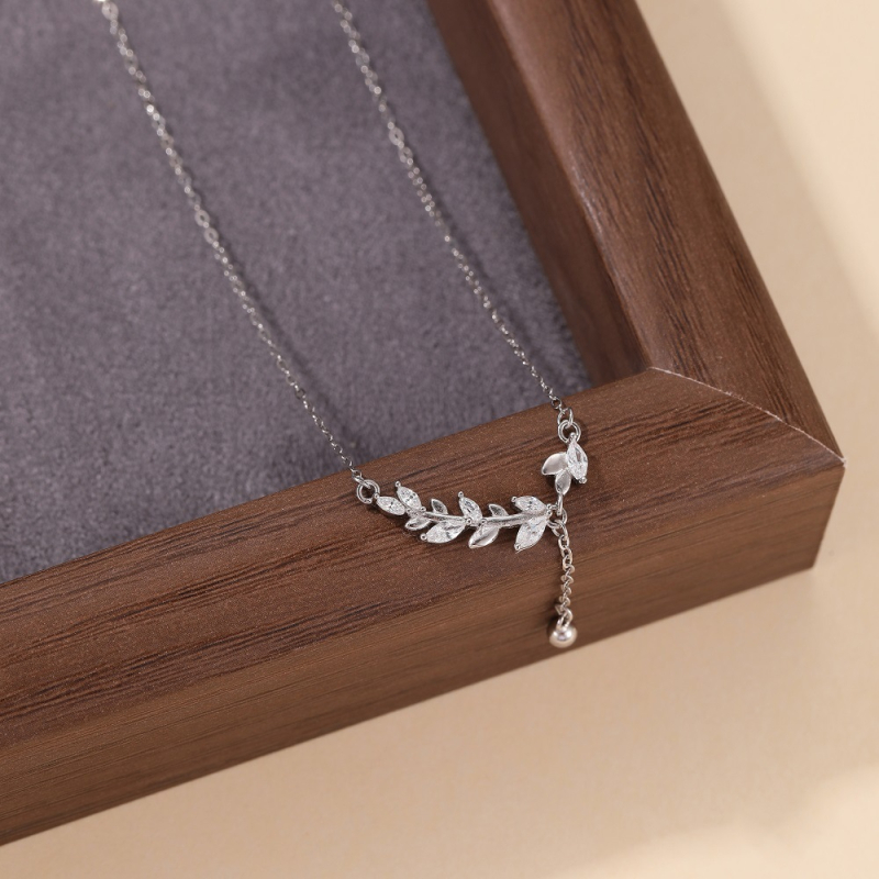 Colier – Pandantiv în formă de frunză din argint 925, Lanț normal, Placare electrolitică, Pentru femei, Stil: proaspăt și dulce, Cod produs X0012