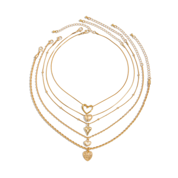 Ženski višeslojni lančić s privjeskom srca i geometrije, lanac ključne kosti, metalni uvijani lanac, elektroplatiranje (Material: iron chain + alloy; Process: electroplating; Chain: clavicle; Pendant: alloy; Layering: multi-layered)
