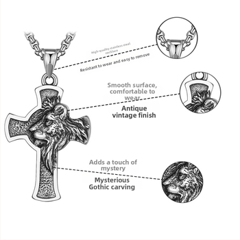 Medailón s retiazkou z Titánovej ocele: kríž s hlavou leva - unisex, HX735, jeseň 2022, retro štýl