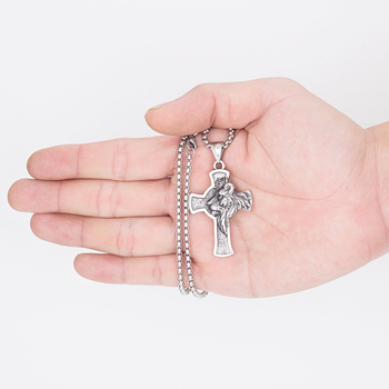 Privjesak i lanac od titan čelične legure sa križem i glavom lava - unisex, HX735, jesen 2022, retro stil