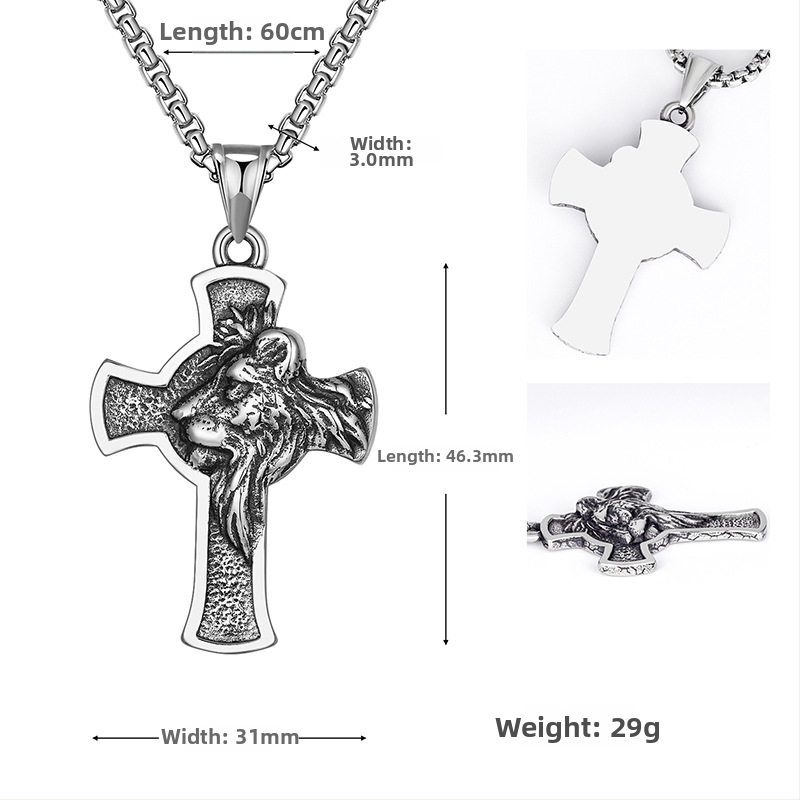 Medailón s retiazkou z Titánovej ocele: kríž s hlavou leva - unisex, HX735, jeseň 2022, retro štýl